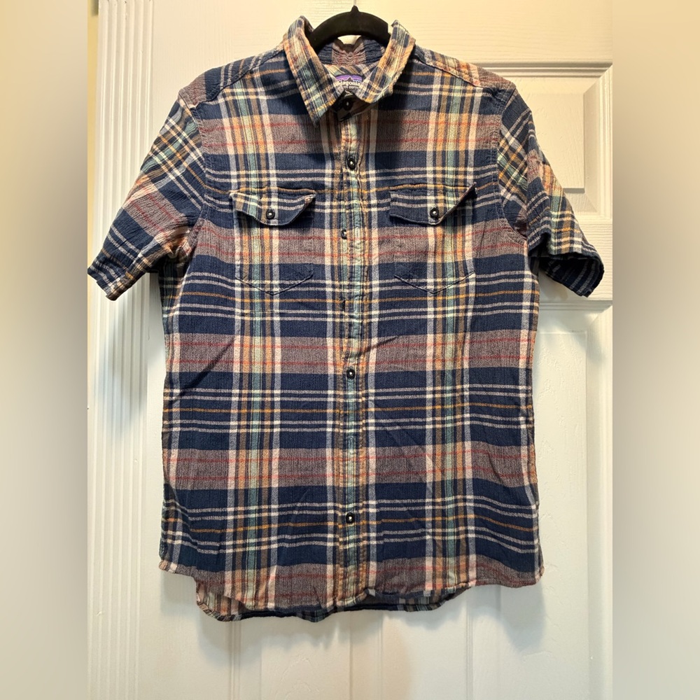 Patagonia Navy, Cream & Red Plaid Short Sleeve Button-Down Shirt